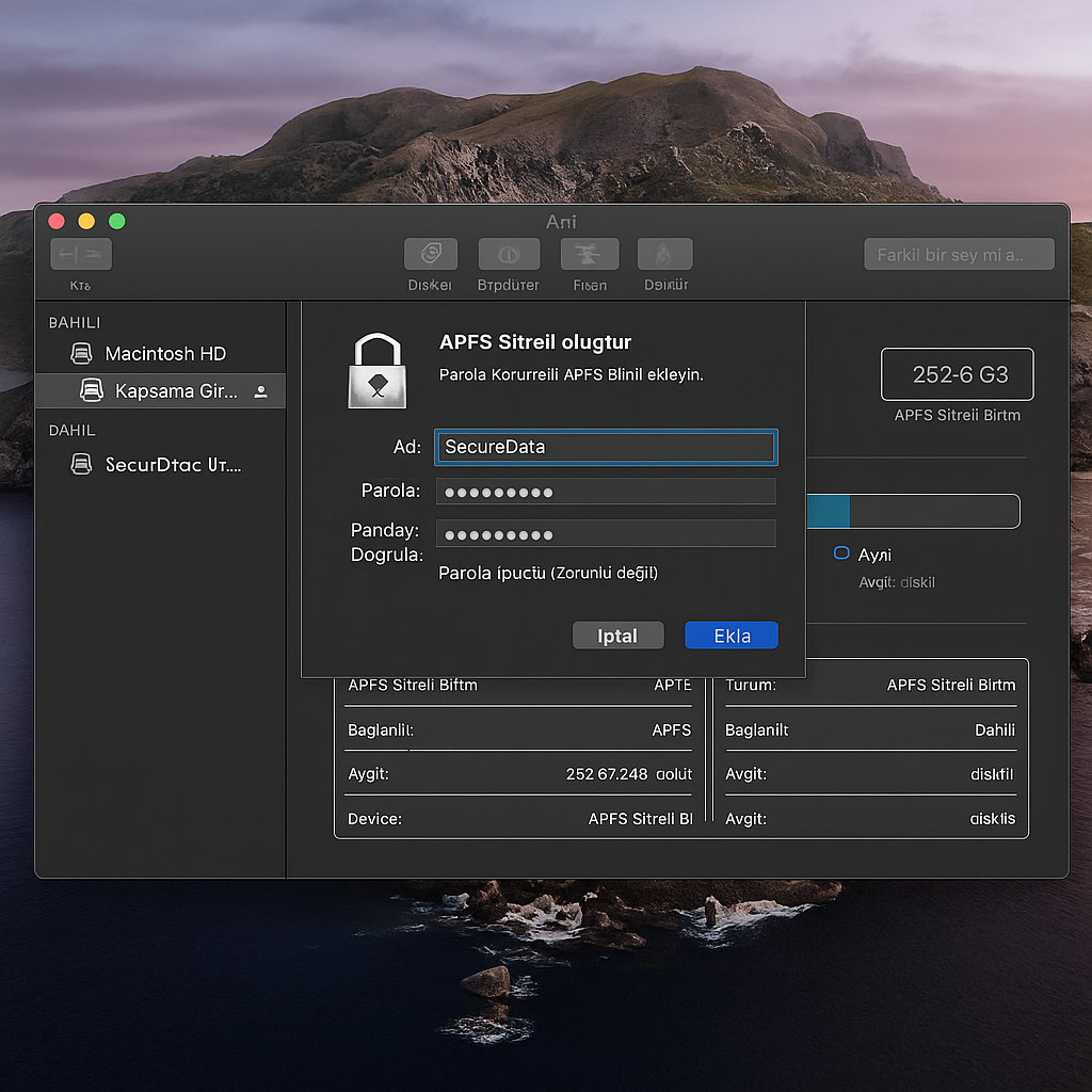 macOS APFS şifreli disk oluşturma 2026