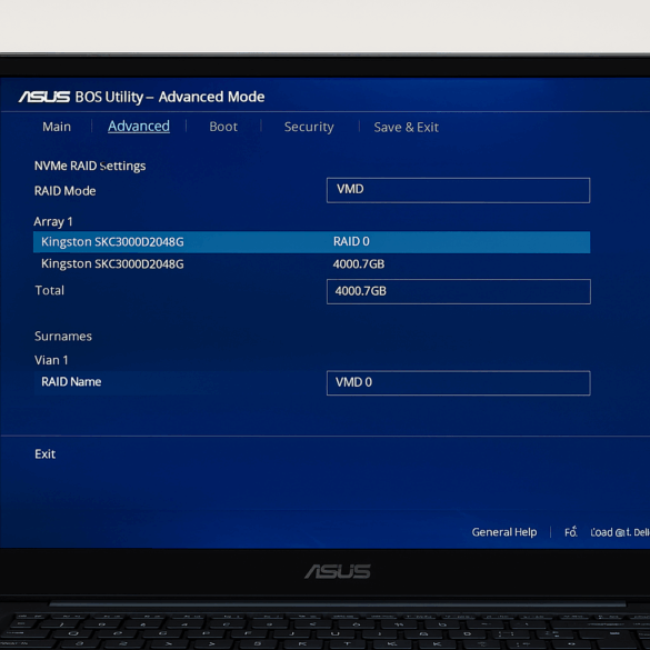 Asus notebook BIOS ekranında NVMe RAID 0 ayarı 2026