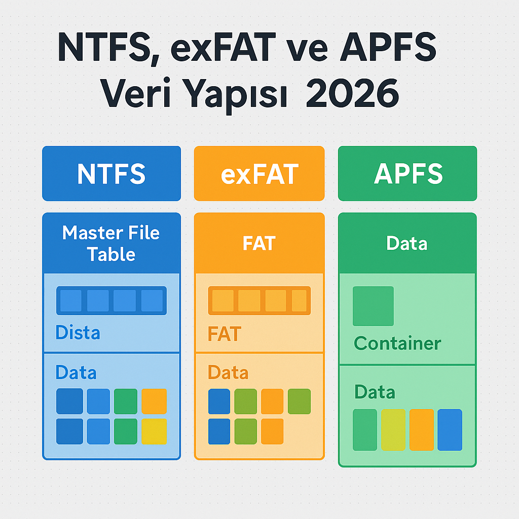 NTFS, exFAT ve APFS dosya sistemi veri yapısı 2026