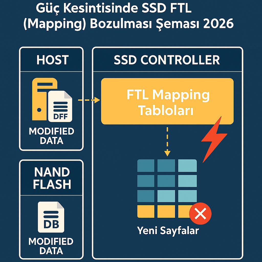 Güç kesintisinde SSD FTL (mapping) bozulması şeması 2026