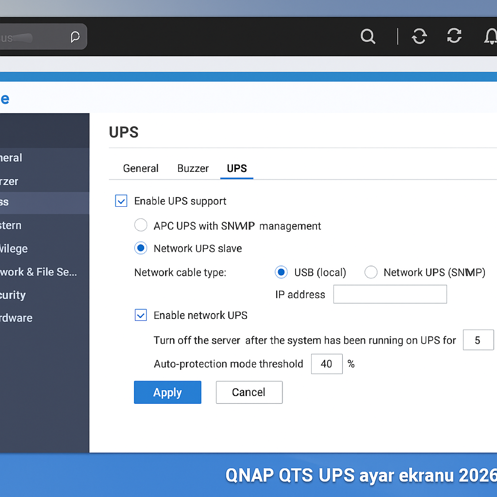 QNAP QTS UPS ayar ekranı 2026