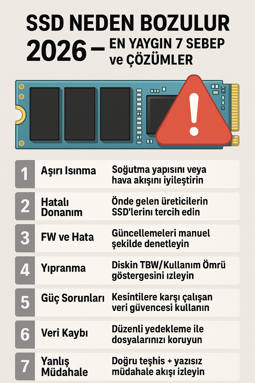 SSD neden bozulur 2026 — en yaygın 7 sebep ve çözümler