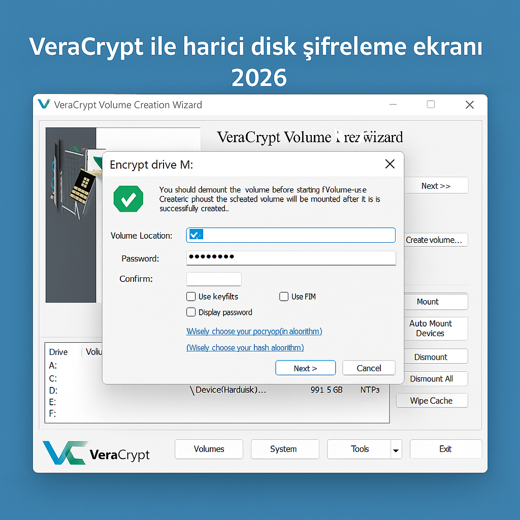 VeraCrypt ile harici disk şifreleme ekranı 2026
