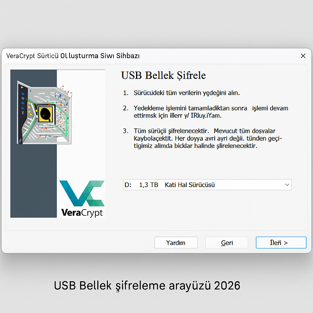 VeraCrypt USB bellek şifreleme arayüzü 2026