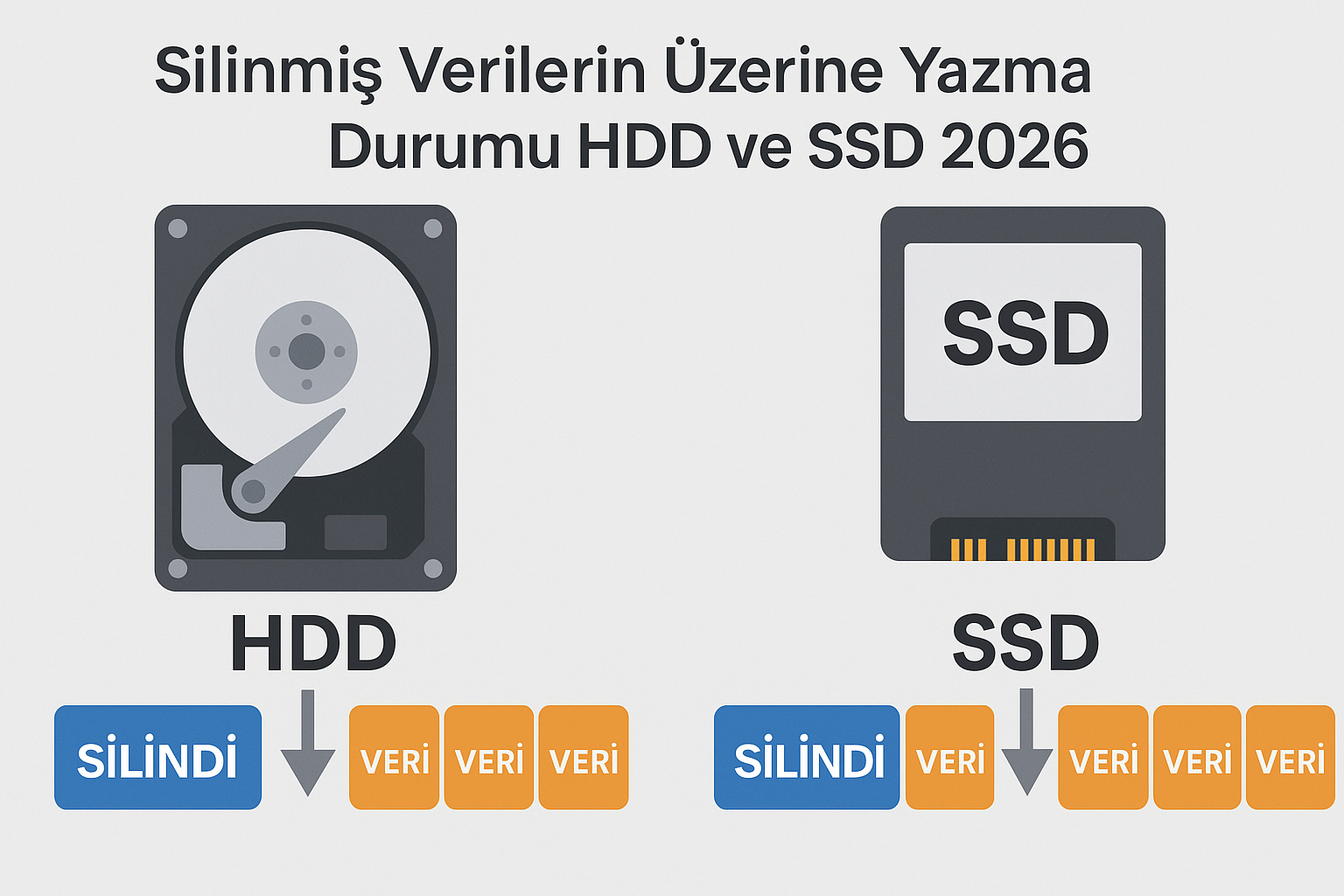 Silinmiş verilerin üzerine yazma durumu HDD ve SSD 2026