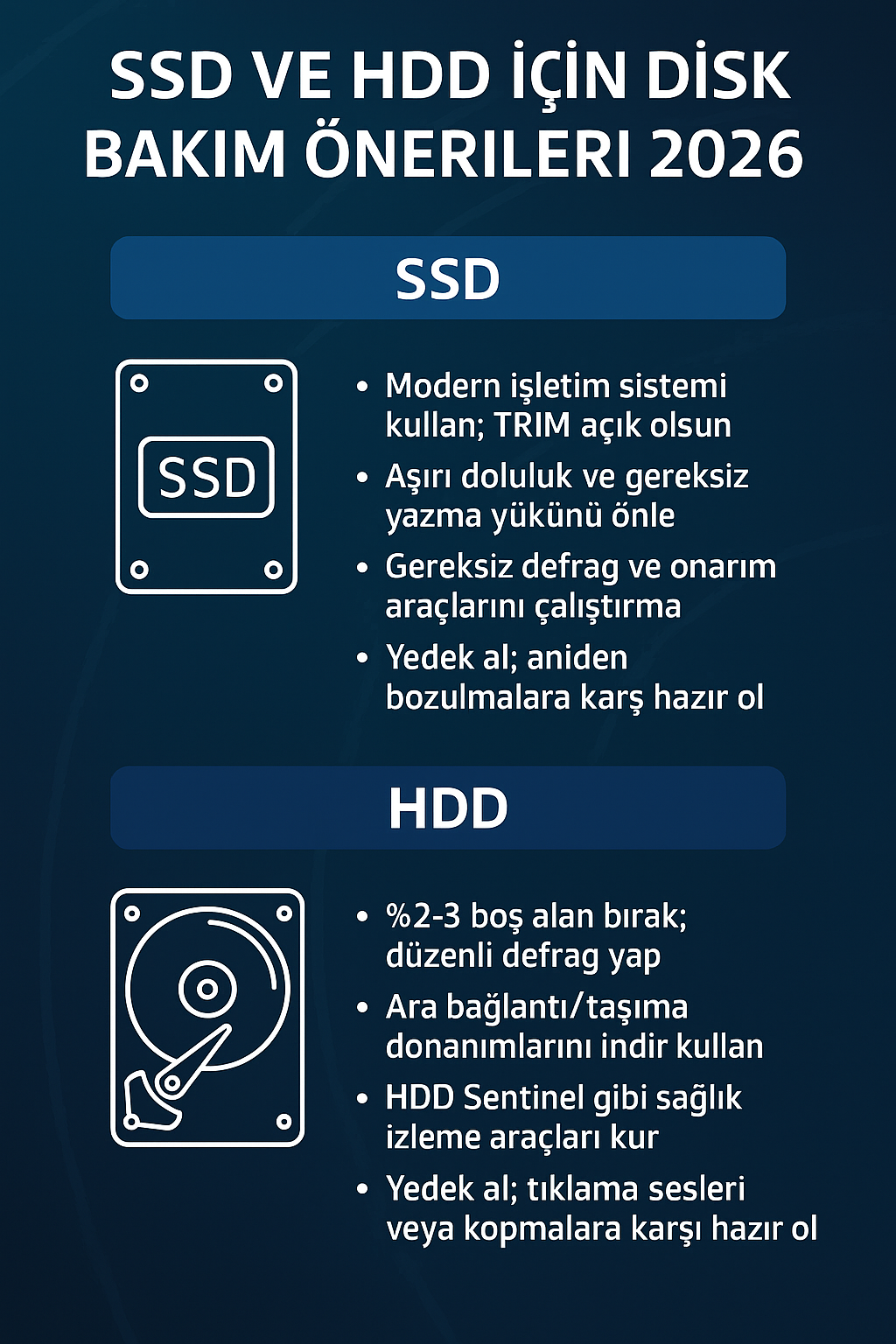 SSD ve HDD için disk bakım önerileri 2026