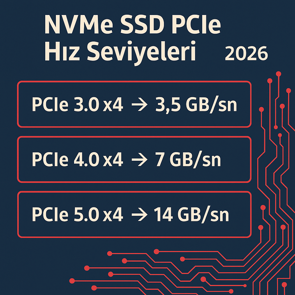 NVMe SSD PCIe hız seviyeleri 2026 — PCIe 3.0, 4.0 ve 5.0 hız karşılaştırması