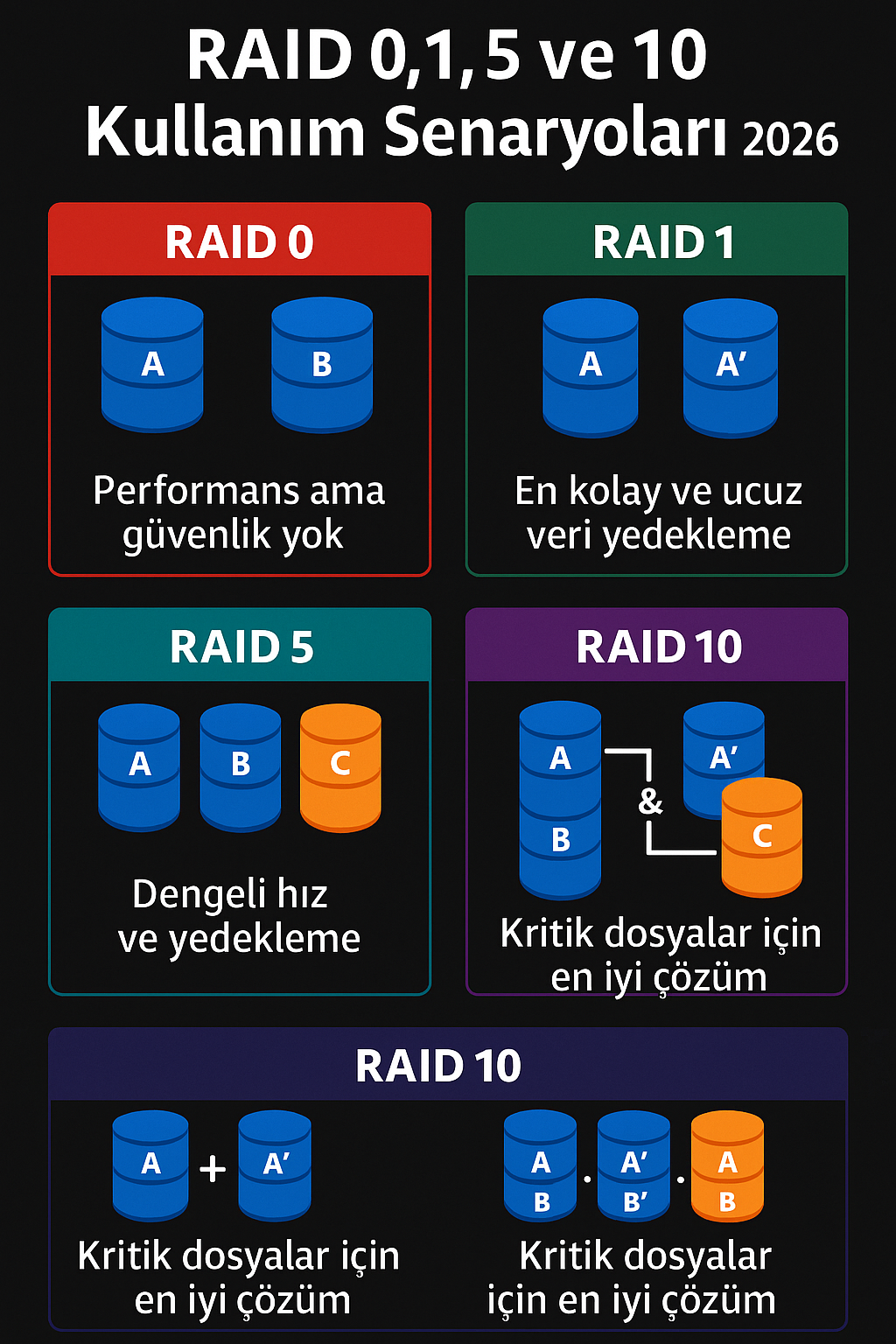 RAID 0, 1, 5 ve 10 kullanım senaryoları 2026