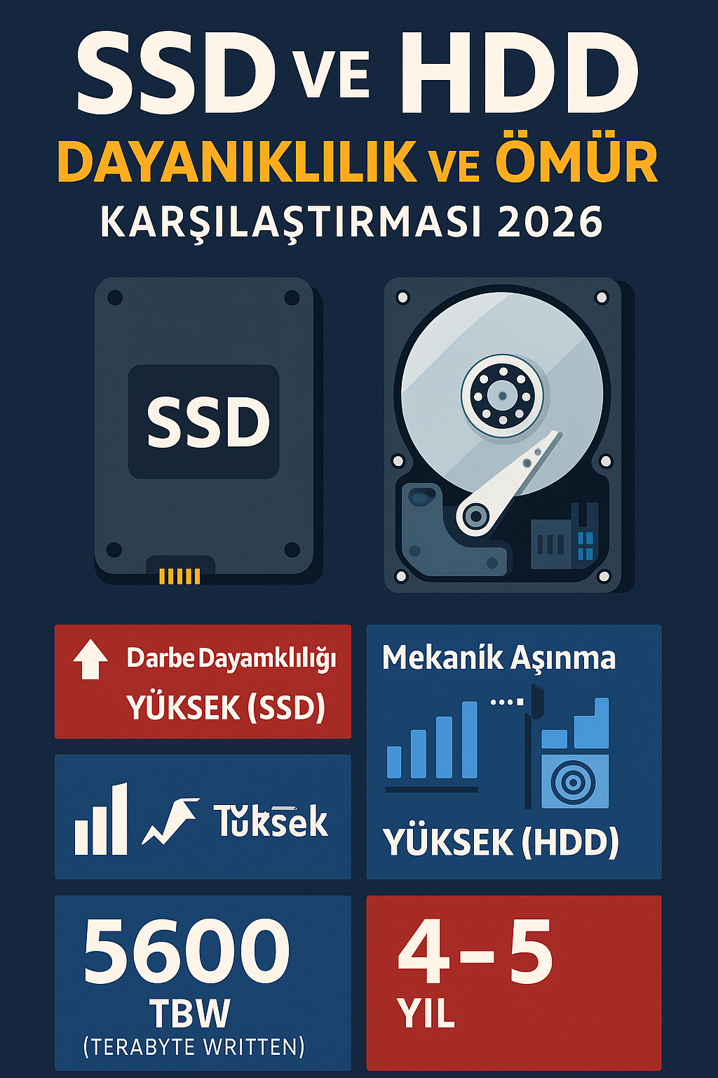 SSD ve HDD dayanıklılık ve ömür karşılaştırması 2026